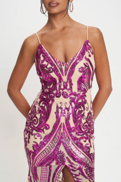 Fuchsia Spaghetti Strap Art Deco Sequins Maxi Dress
