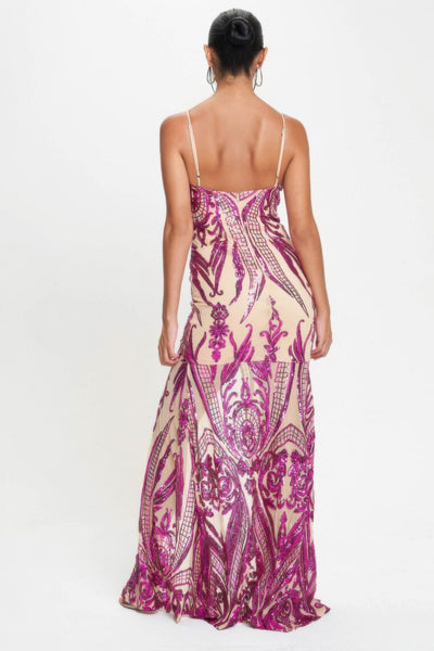 Fuchsia Spaghetti Strap Art Deco Sequins Maxi Dress