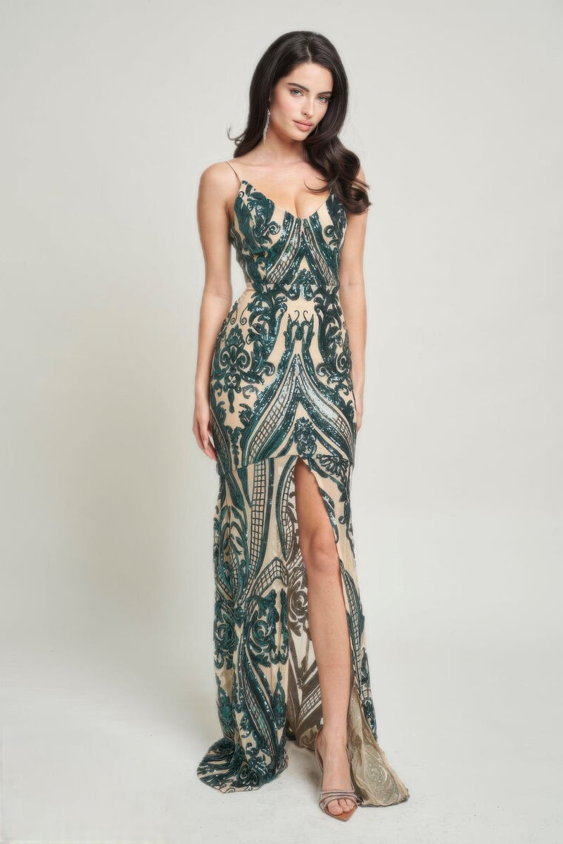 Hunter Green Spaghetti Strap Art Deco Sequins Maxi Dress