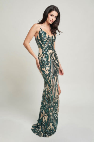 Hunter Green Spaghetti Strap Art Deco Sequins Maxi Dress