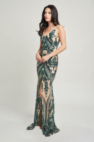 Hunter Green Spaghetti Strap Art Deco Sequins Maxi Dress