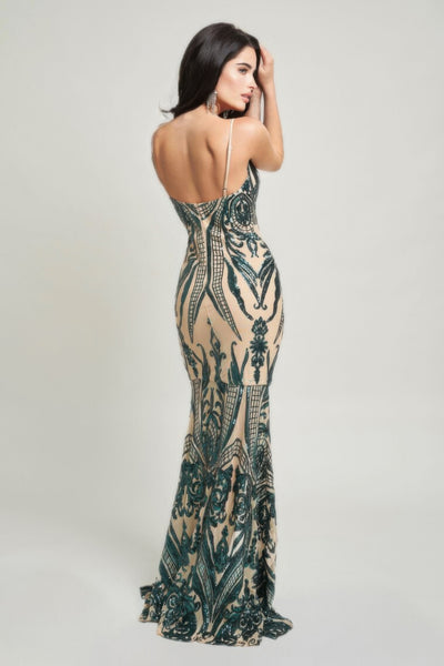 Hunter Green Spaghetti Strap Art Deco Sequins Maxi Dress