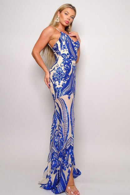 Royal Blue Spaghetti Strap Art Deco Sequins Maxi Dress