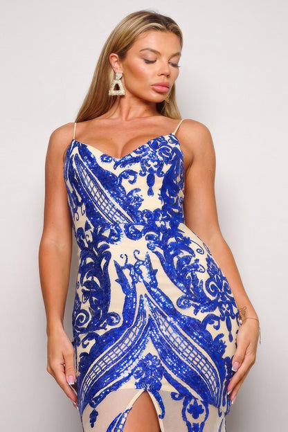 Royal Blue Spaghetti Strap Art Deco Sequins Maxi Dress