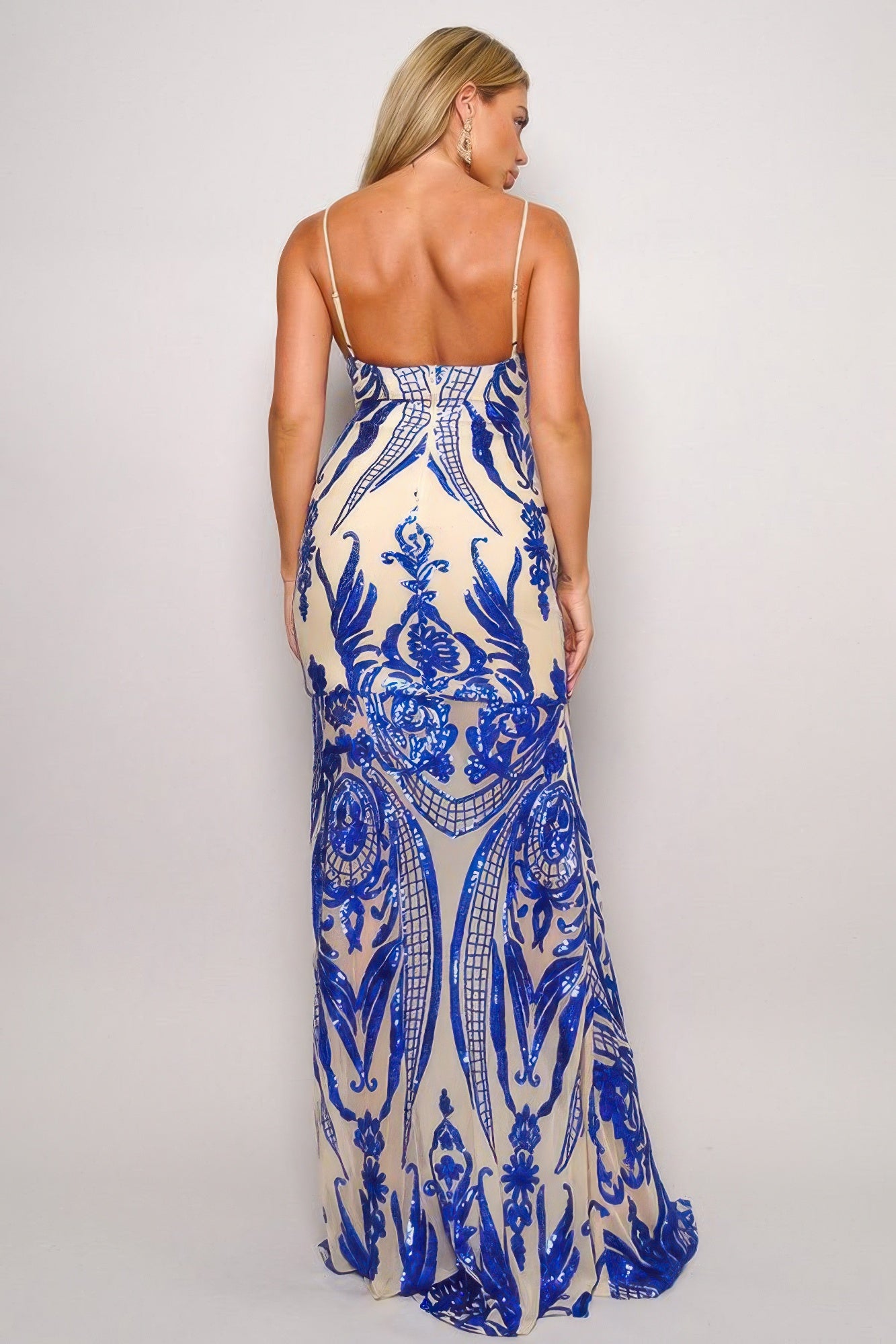 Royal Blue Spaghetti Strap Art Deco Sequins Maxi Dress