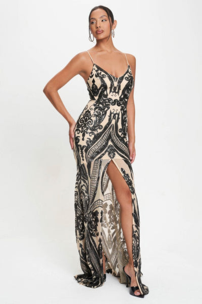 Black Spaghetti Strap Art Deco Sequins Maxi Dress - Fashions Envy