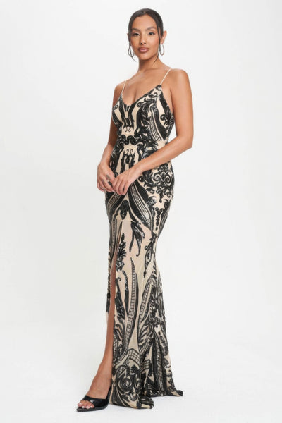 Black Spaghetti Strap Art Deco Sequins Maxi Dress - Fashions Envy