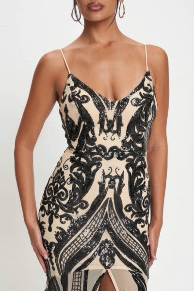 Black Spaghetti Strap Art Deco Sequins Maxi Dress - Fashions Envy