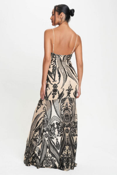 Black Spaghetti Strap Art Deco Sequins Maxi Dress - Fashions Envy