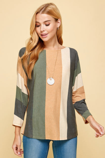 Striped Long Dolman Sleeves Casual Top