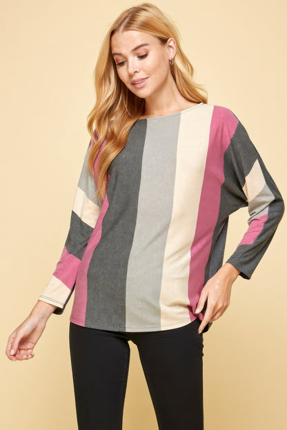 Striped Long Dolman Sleeves Casual Top