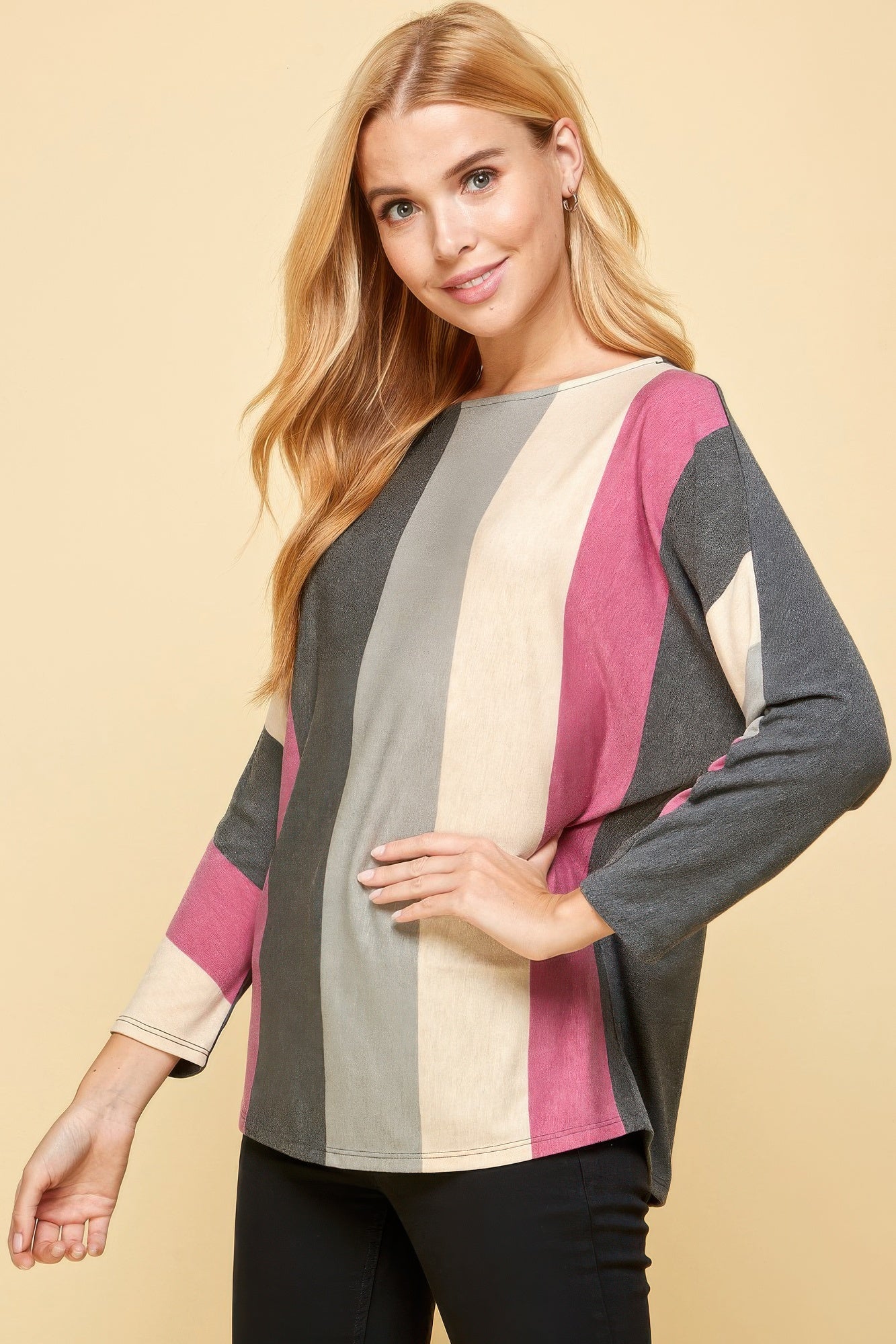 Striped Long Dolman Sleeves Casual Top