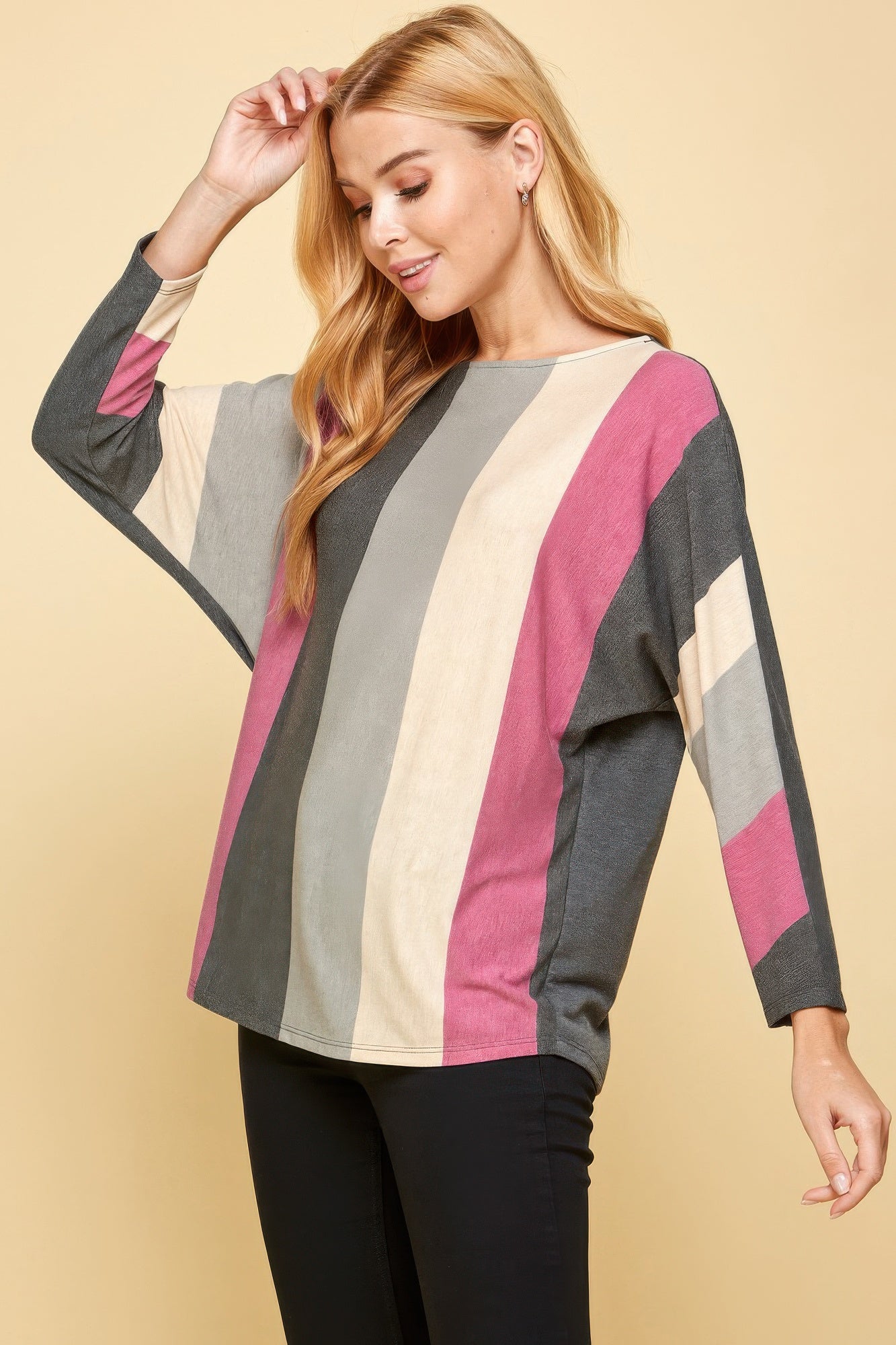 Striped Long Dolman Sleeves Casual Top