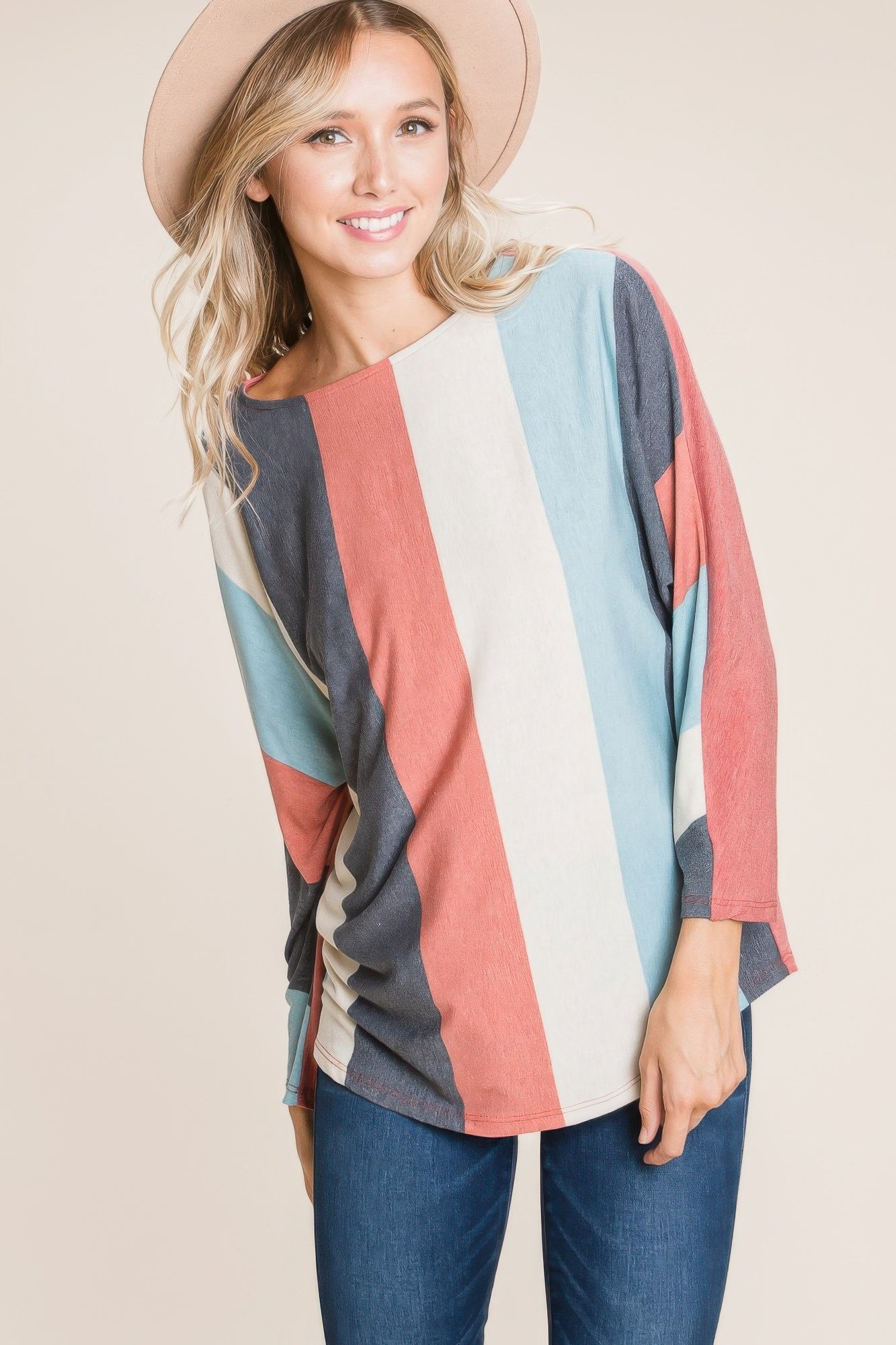 Striped Long Dolman Sleeves Casual Top