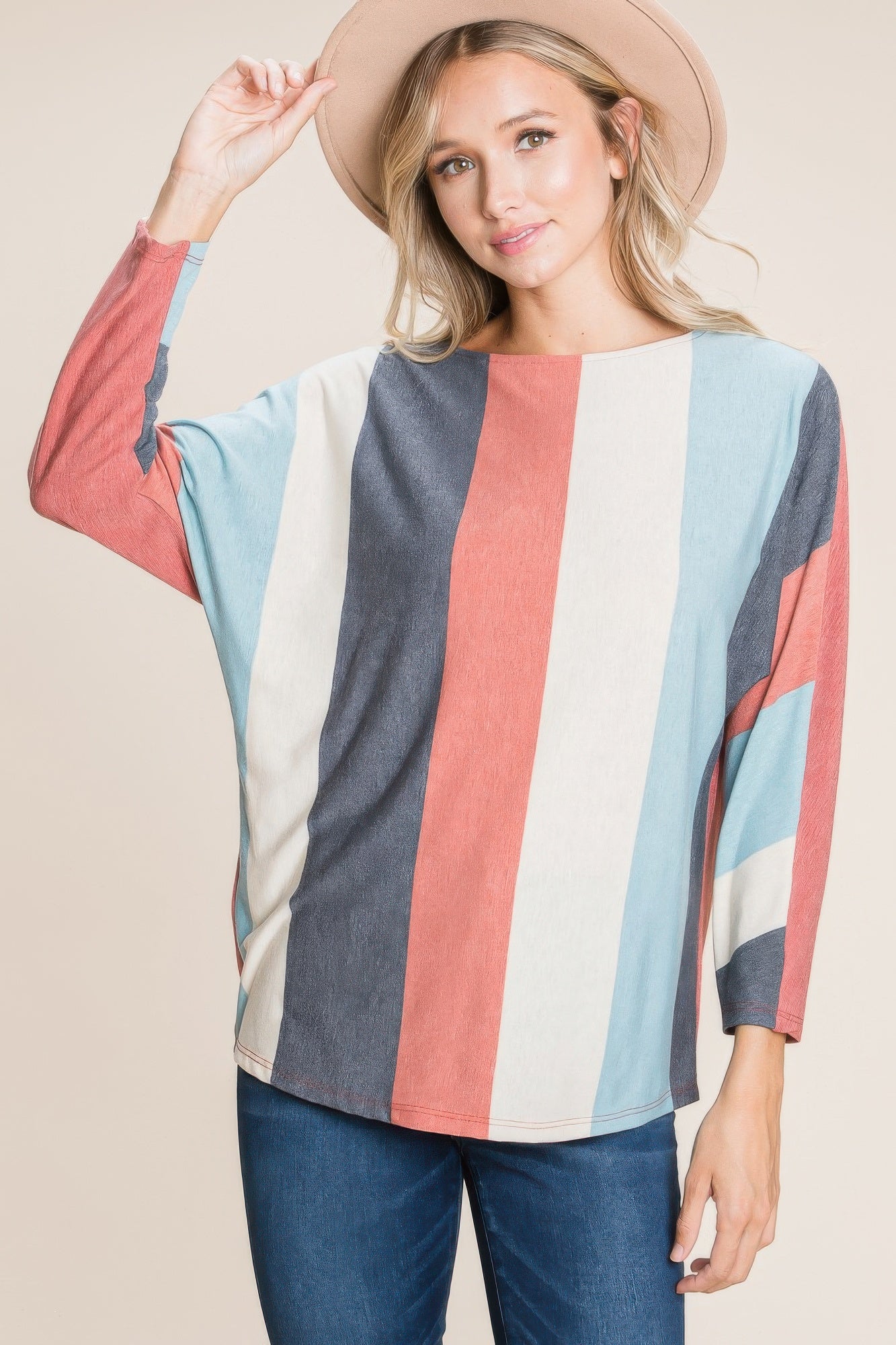 Striped Long Dolman Sleeves Casual Top