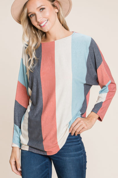 Striped Long Dolman Sleeves Casual Top