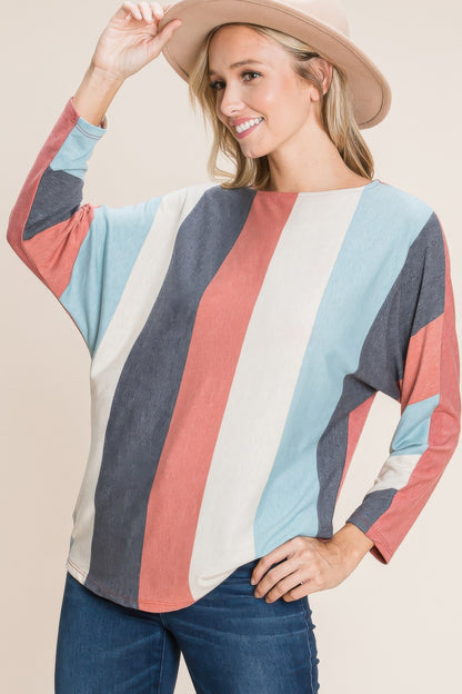 Striped Long Dolman Sleeves Casual Top