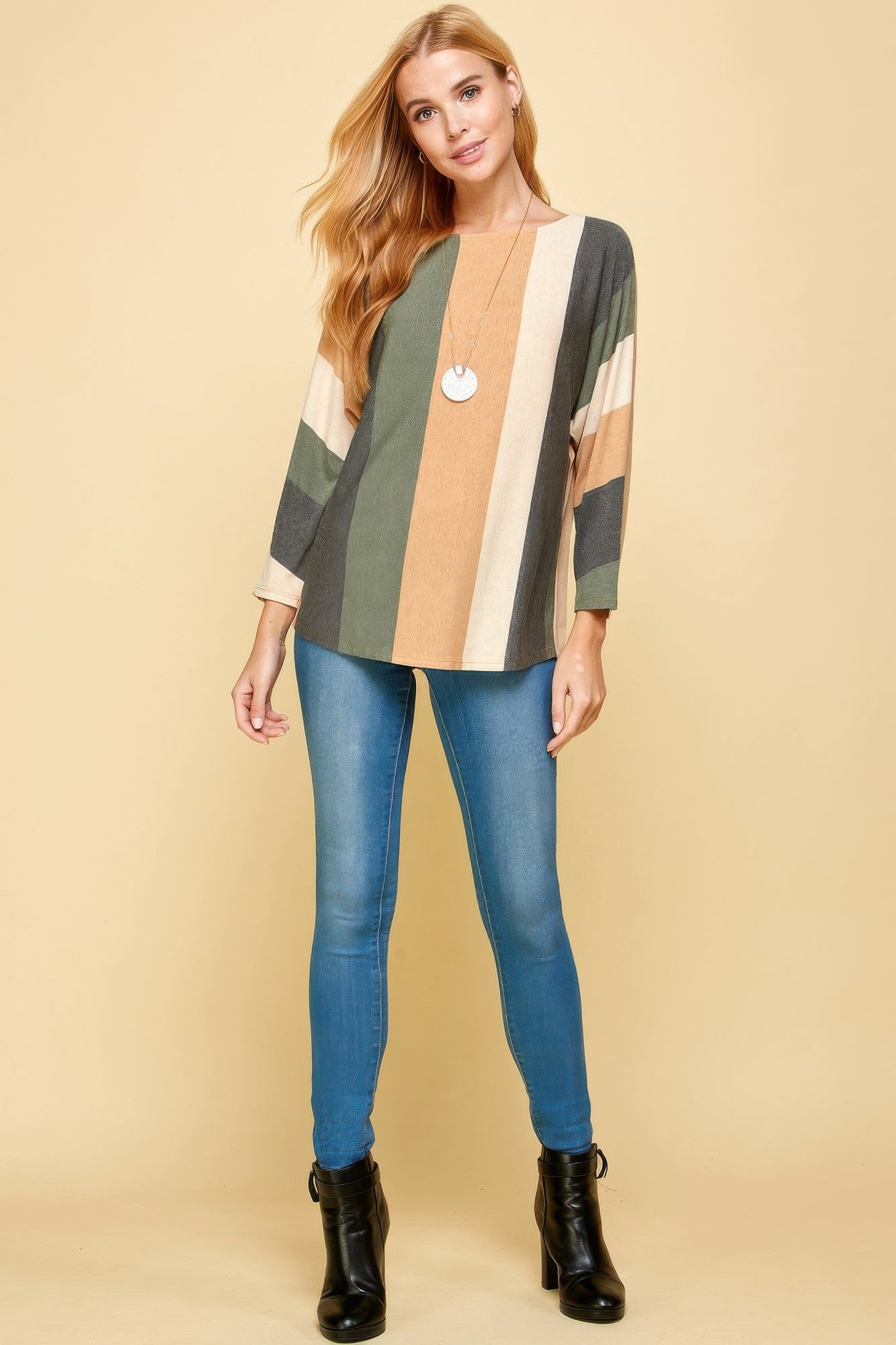 Striped Long Dolman Sleeves Casual Top