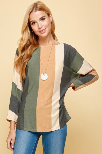 Striped Long Dolman Sleeves Casual Top