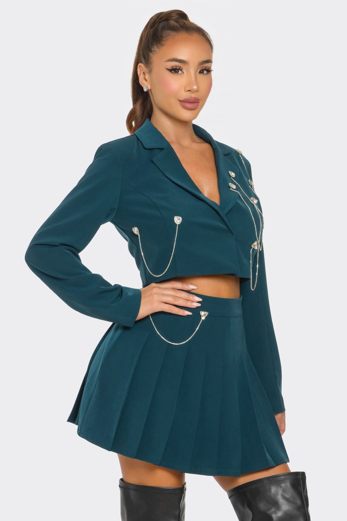 Rhinestone and Chain Crop Jacket & Pleated Skirt Set