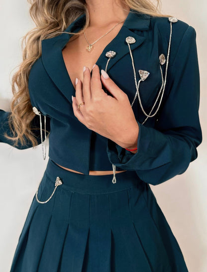 Rhinestone and Chain Crop Jacket & Pleated Skirt Set