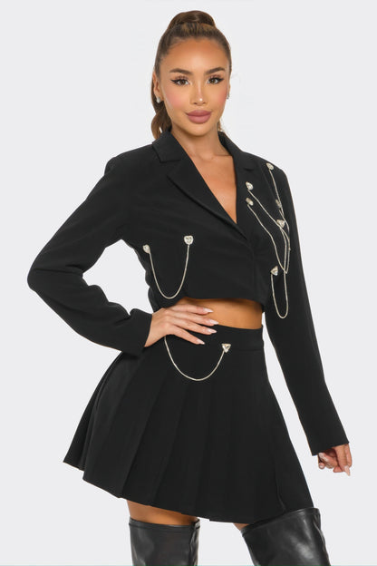 Rhinestone and Chain Crop Jacket & Pleated Skirt Set