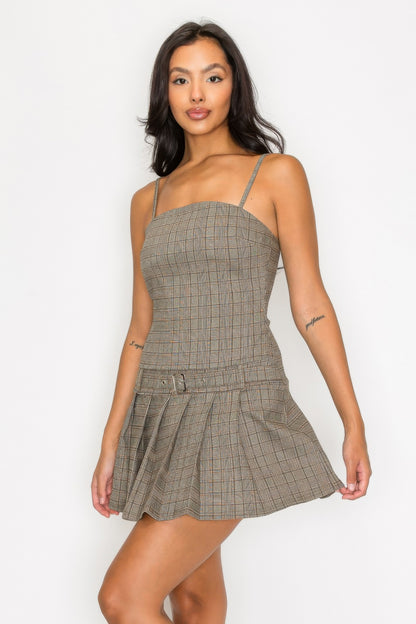 Belted Plaid Zip-up Pleated Mini Dress