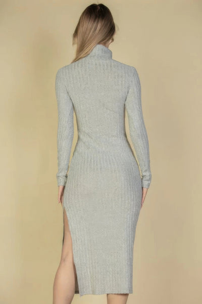 Fuzzy Turtle Neck Split Thigh Knit Sweater Dress