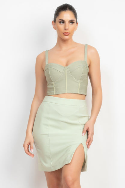 Sage Green Sleeveless Line Detailed Bustier Tank Top