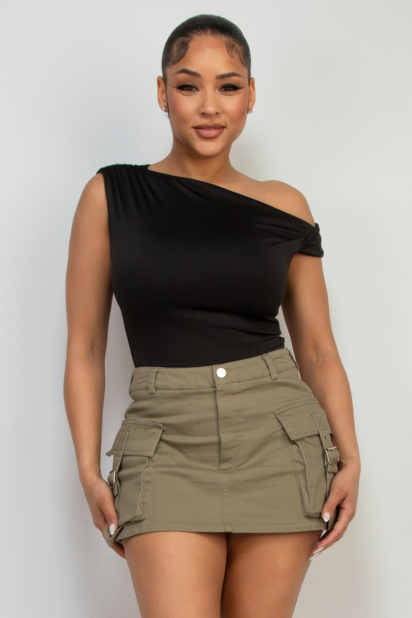 One-shoulder Twisted Detail Silky Top