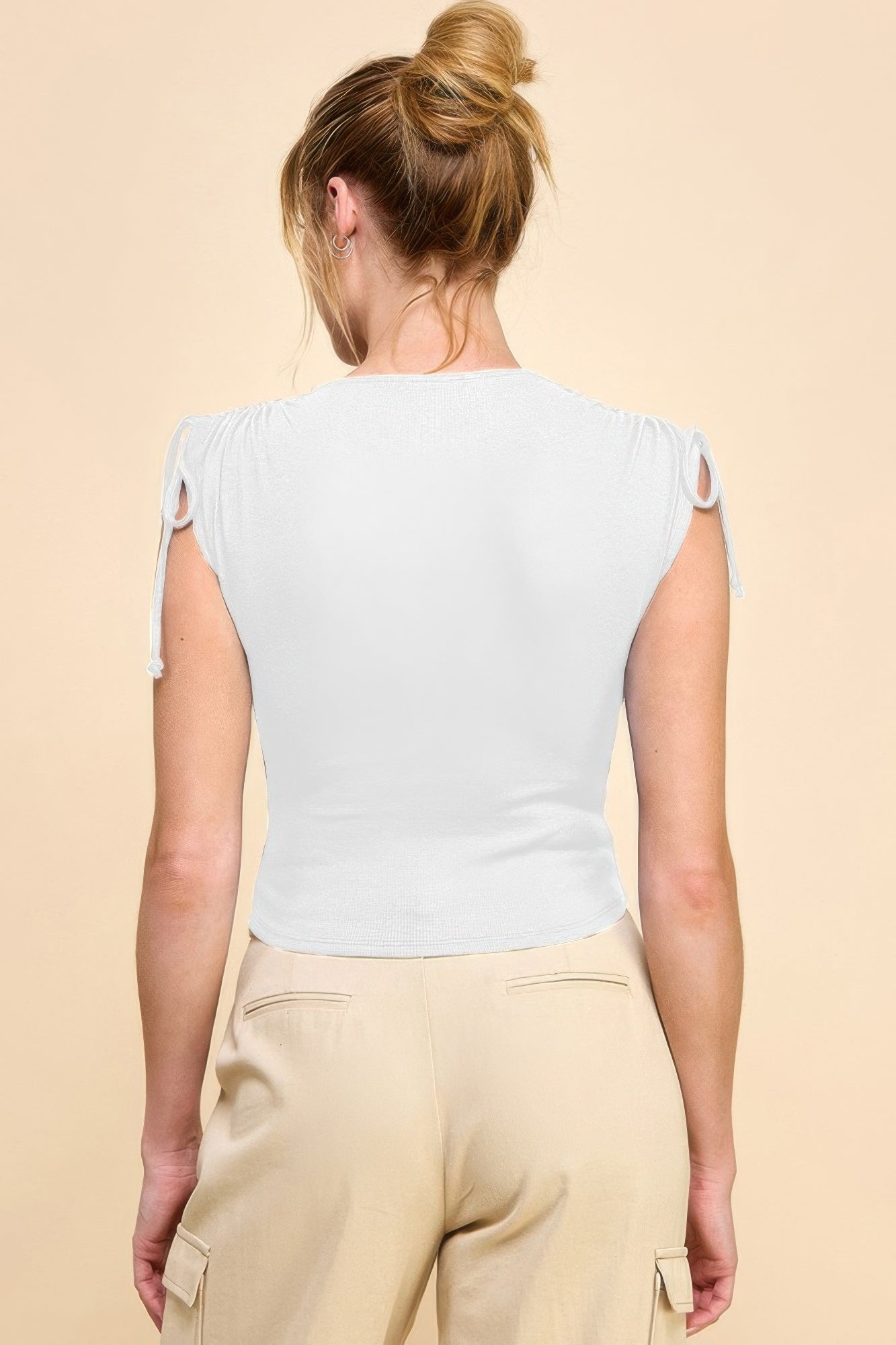 Ruching Tie-Shoulder Ribbed Basic Top