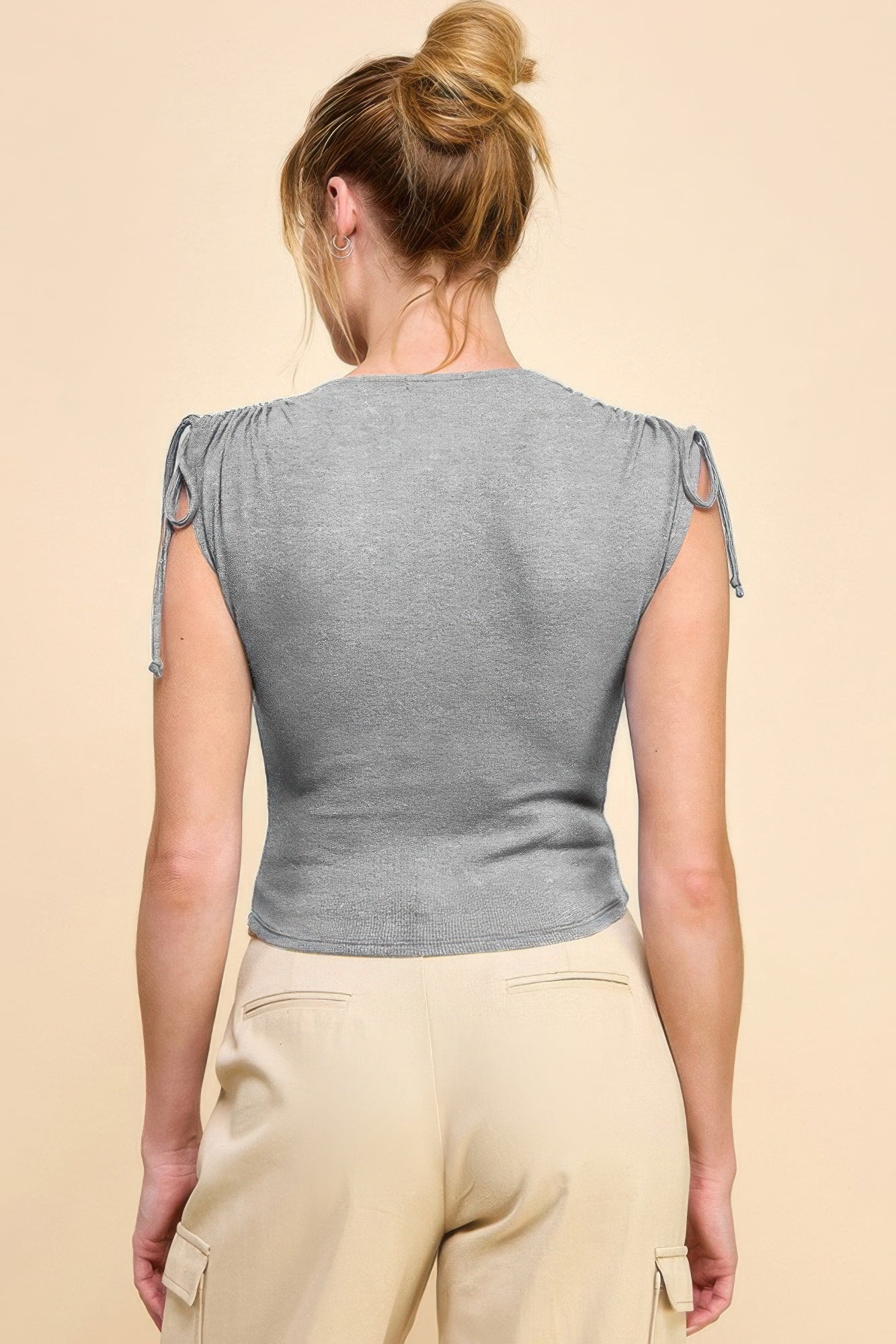 Ruching Tie-Shoulder Ribbed Basic Top