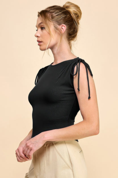 Ruching Tie-Shoulder Ribbed Basic Top