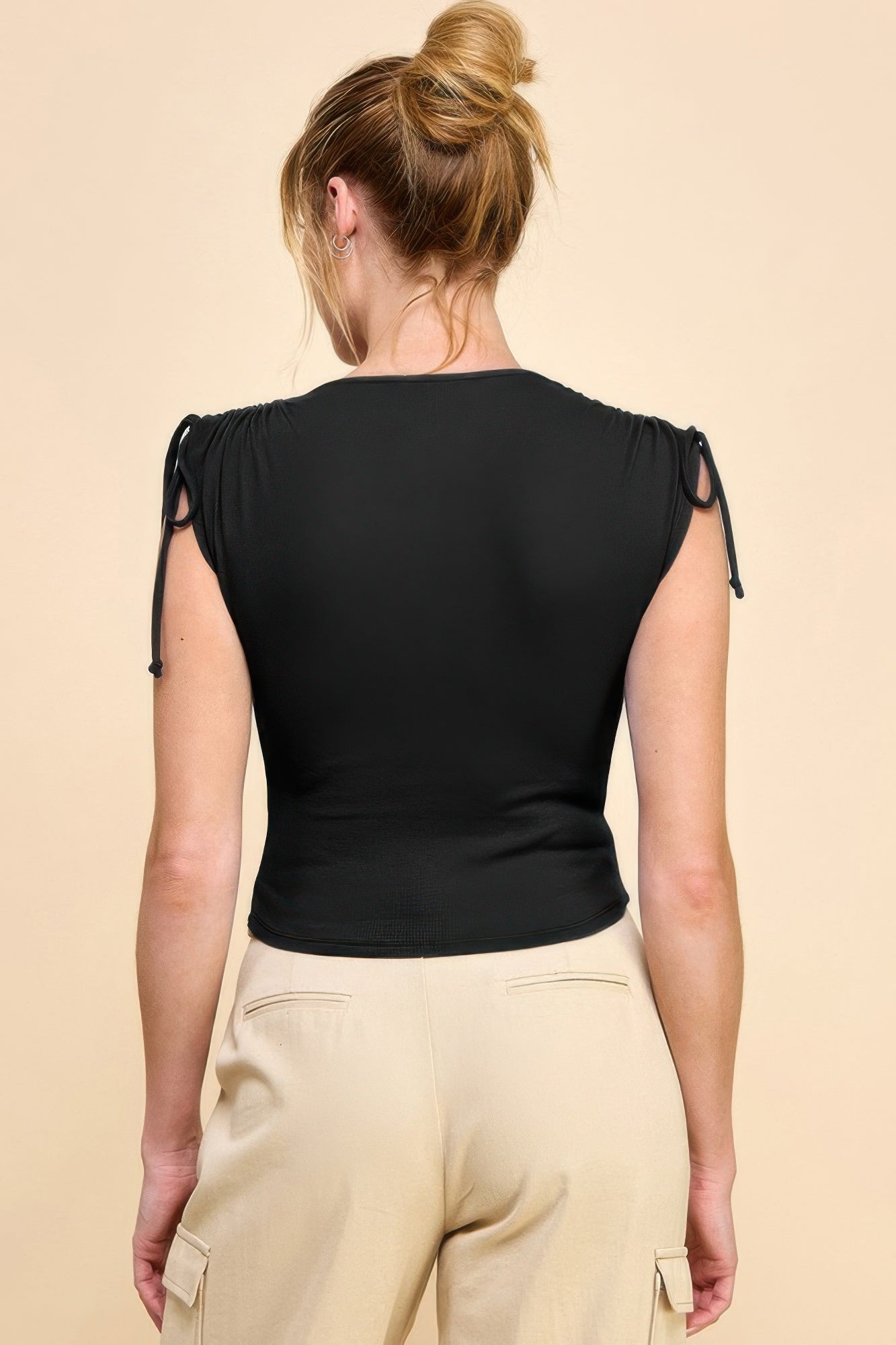 Ruching Tie-Shoulder Ribbed Basic Top