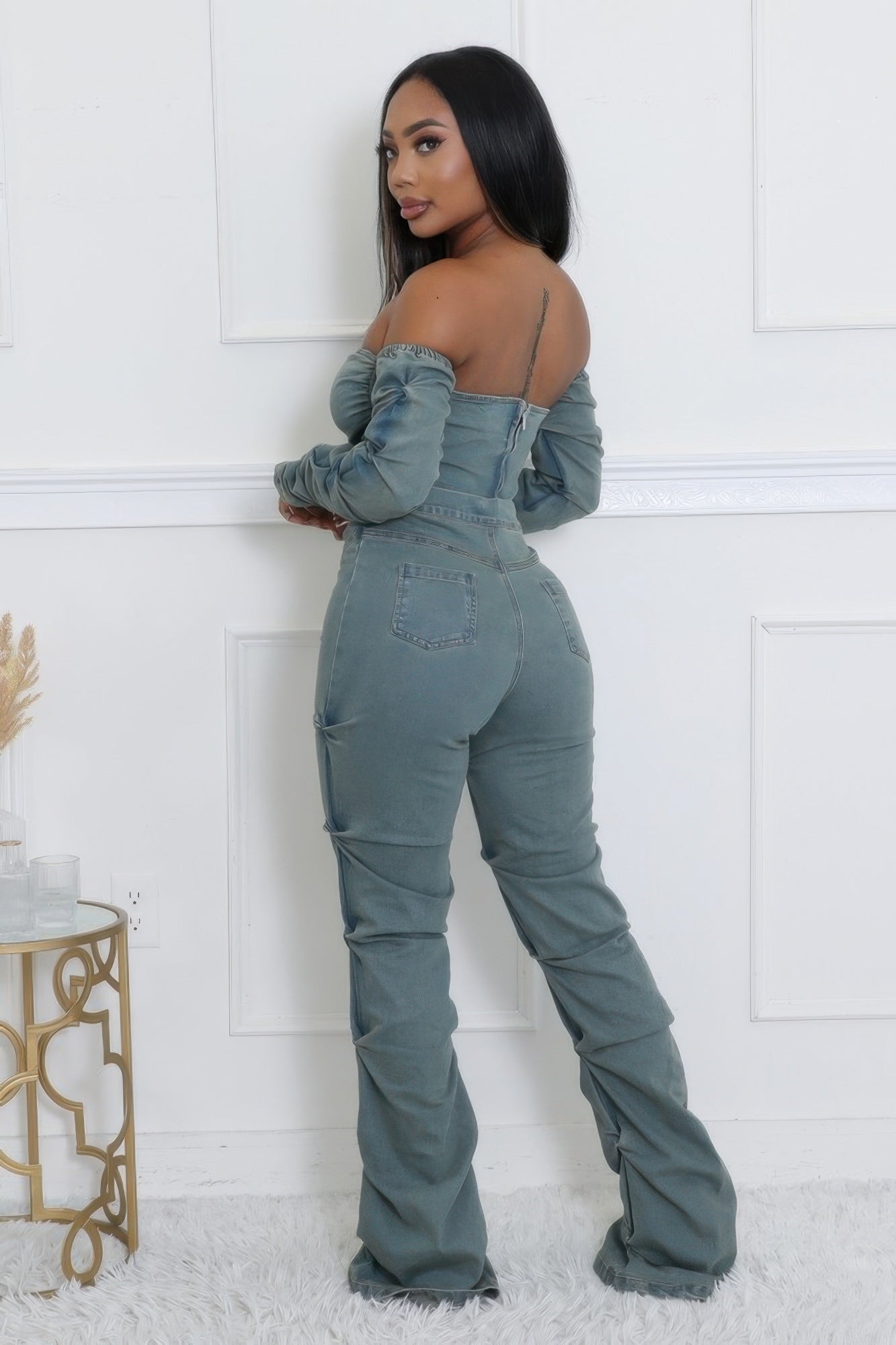 Denim Off The Shoulder Stretch Pant Set