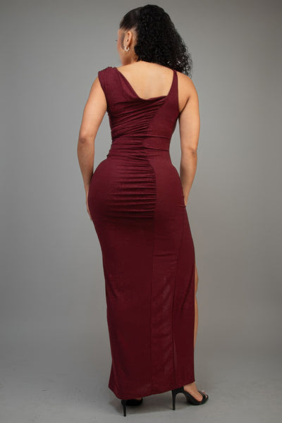 Asymmetric Strap Elegant Glitter Slitted Maxi Dress - Fashions Envy