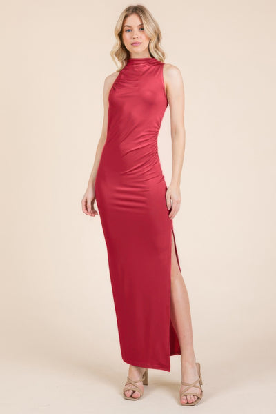 Back Cut Out Side Shirring Side Slit Maxi Dress - Fashions Envy