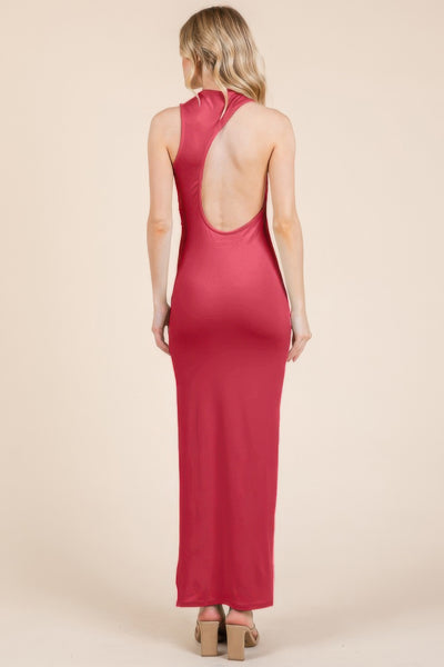 Back Cut Out Side Shirring Side Slit Maxi Dress - Fashions Envy