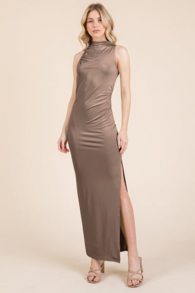 Back Cut Out Side Shirring Side Slit Maxi Dress - Fashions Envy