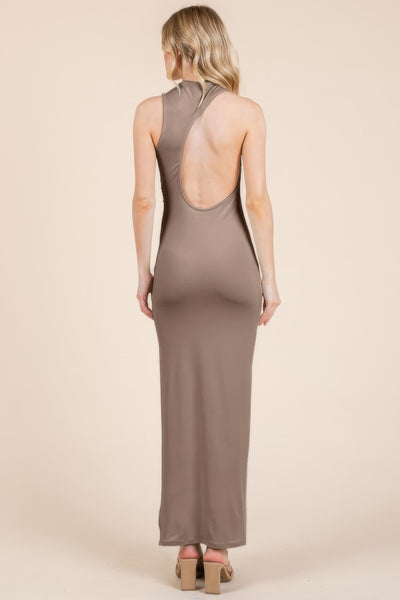 Back Cut Out Side Shirring Side Slit Maxi Dress - Fashions Envy