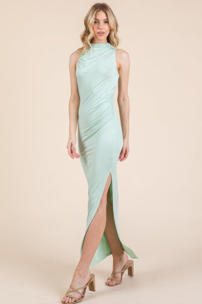 Back Cut Out Side Shirring Side Slit Maxi Dress - Fashions Envy