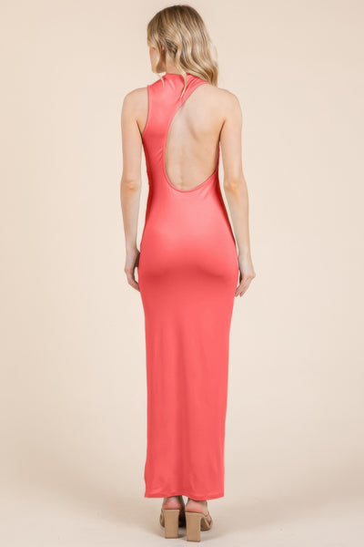 Back Cut Out Side Shirring Side Slit Maxi Dress - Fashions Envy