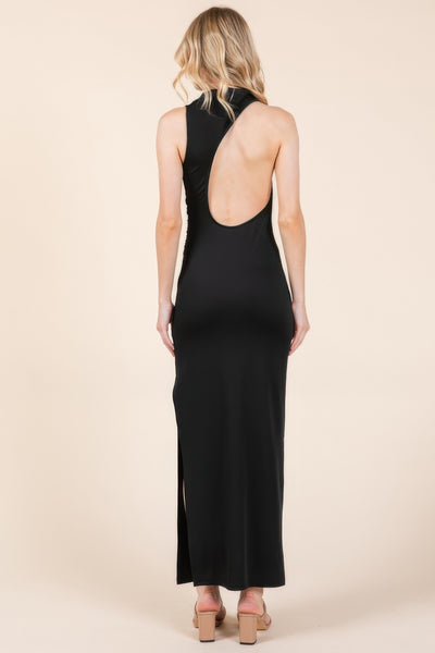 Back Cut Out Side Shirring Side Slit Maxi Dress - Fashions Envy
