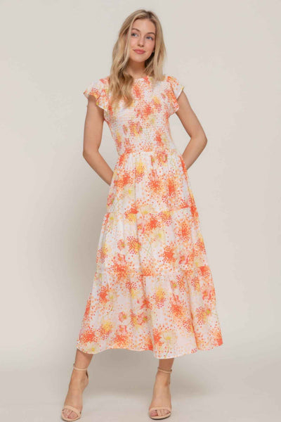 Ruffle Sleeve Midi Dress - Smocked Floral Tiered Skirt