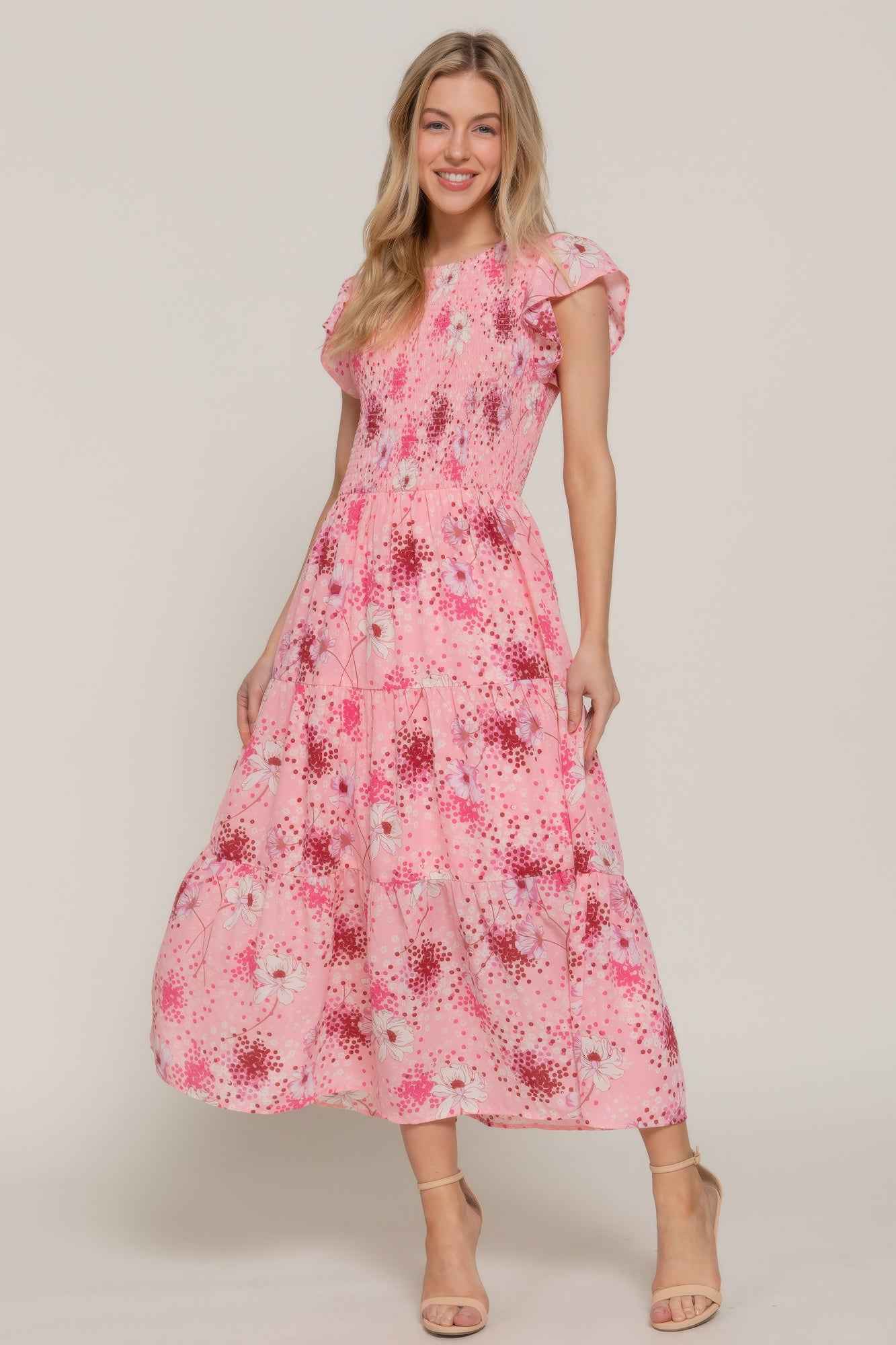 Ruffle Sleeve Midi Dress - Smocked Floral Tiered Skirt