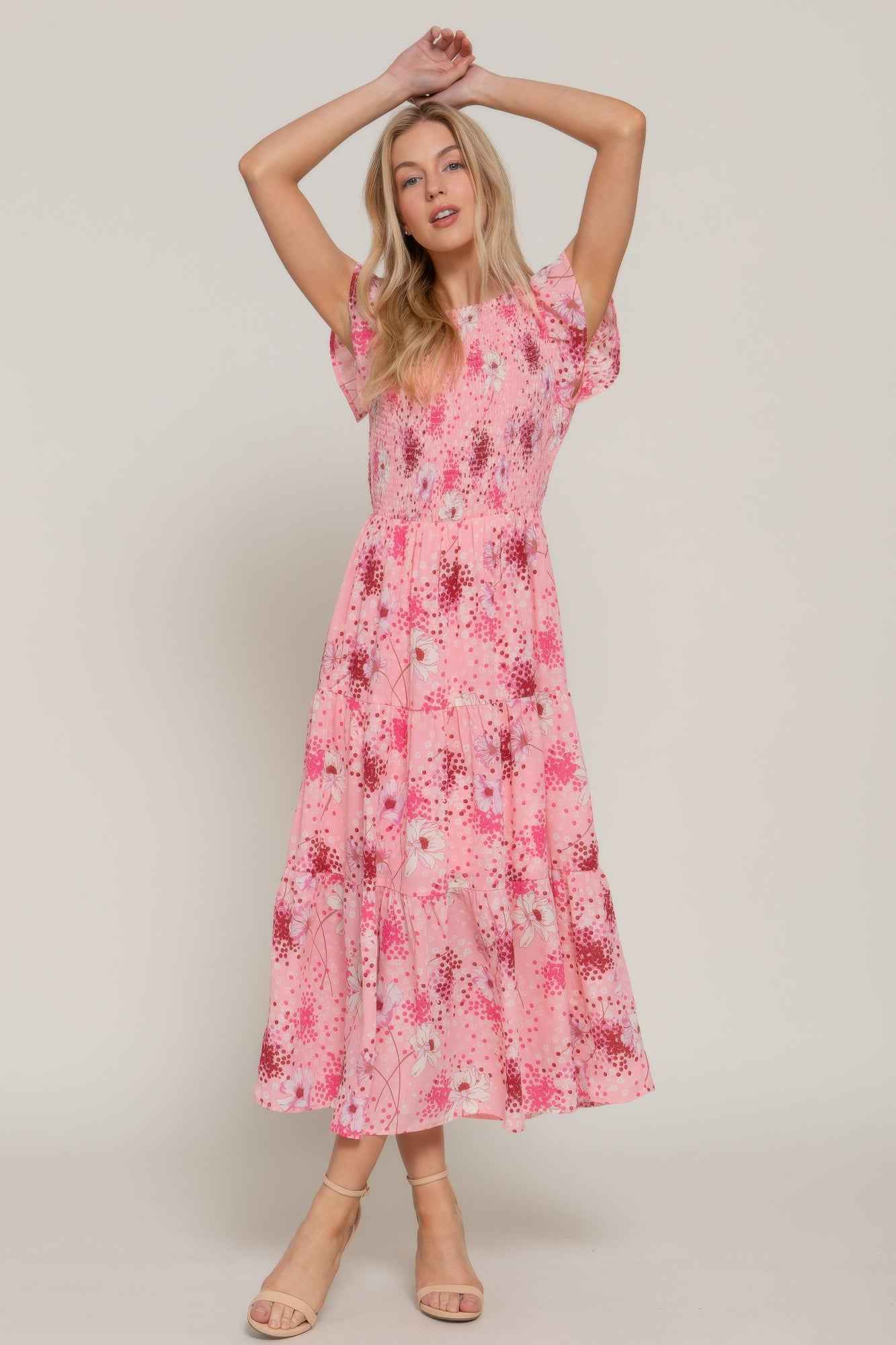 Ruffle Sleeve Midi Dress - Smocked Floral Tiered Skirt