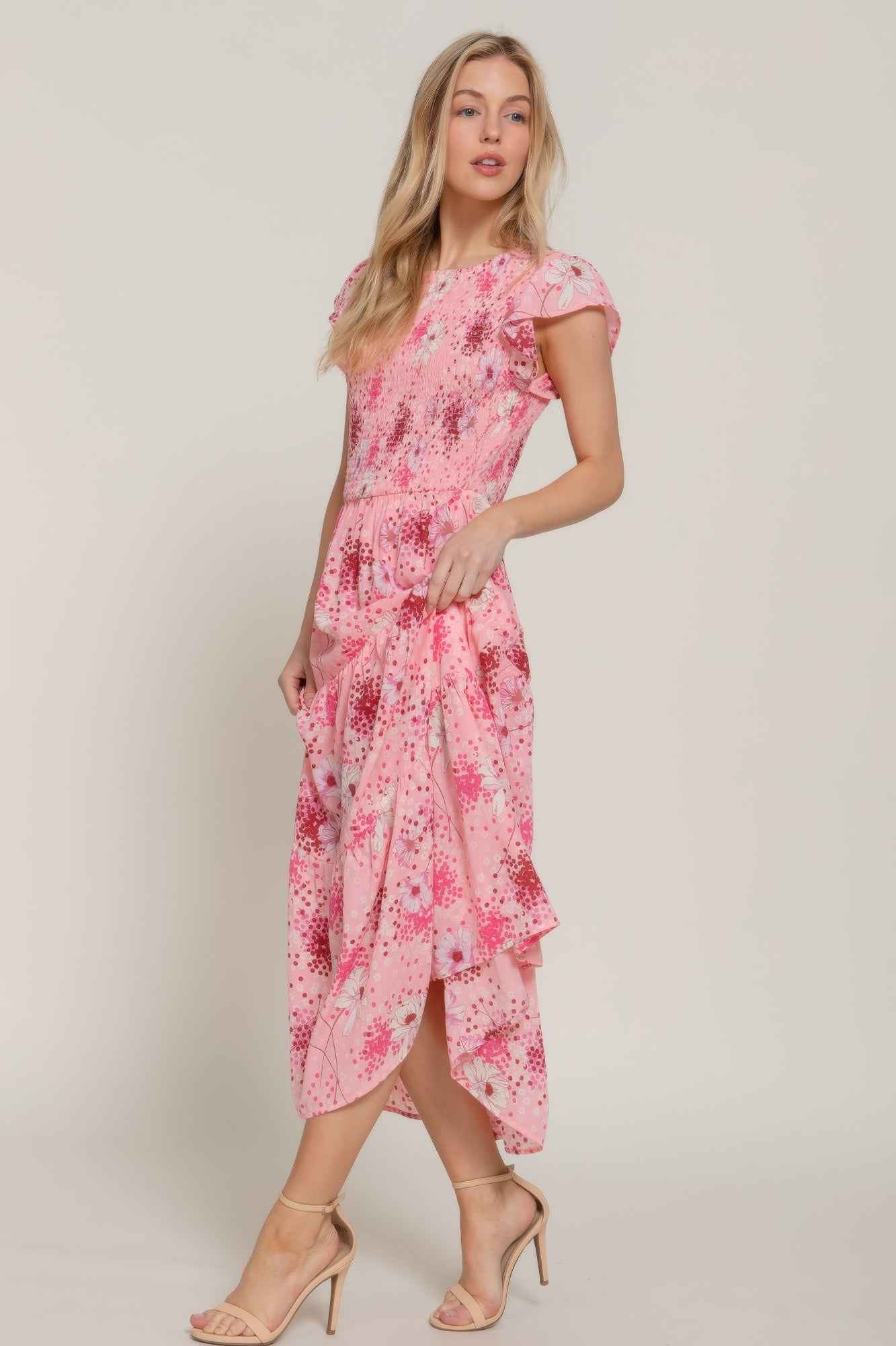 Ruffle Sleeve Midi Dress - Smocked Floral Tiered Skirt
