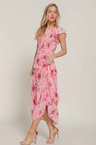 Ruffle Sleeve Midi Dress - Smocked Floral Tiered Skirt