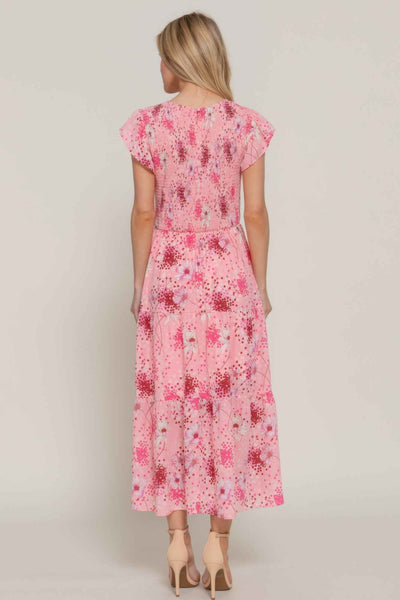 Ruffle Sleeve Midi Dress - Smocked Floral Tiered Skirt