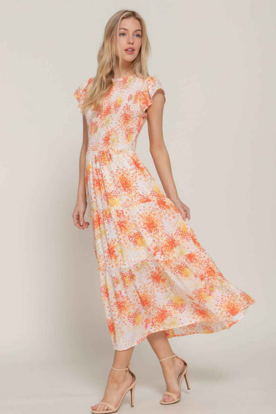 Ruffle Sleeve Midi Dress - Smocked Floral Tiered Skirt